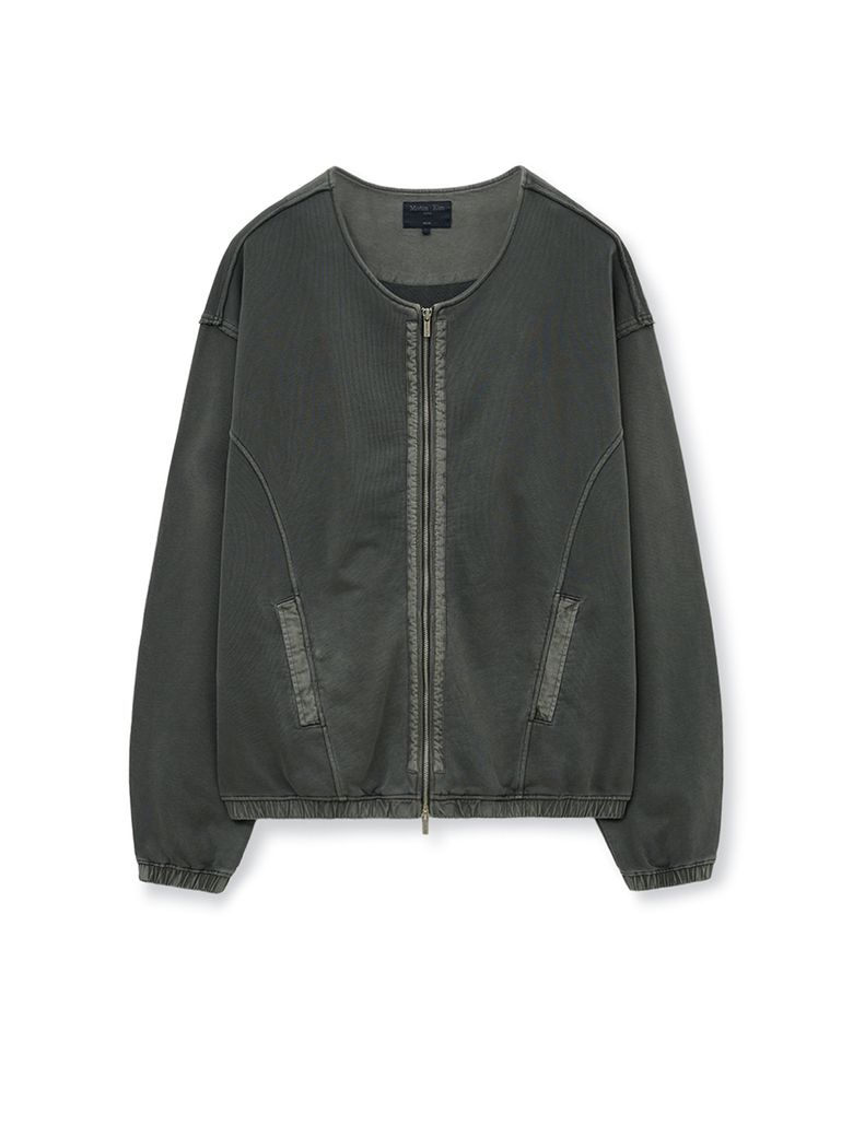 PIGMENT DYED COLLARLESS ZIP UP JUMPER FOR MEN IN CHARCOAL