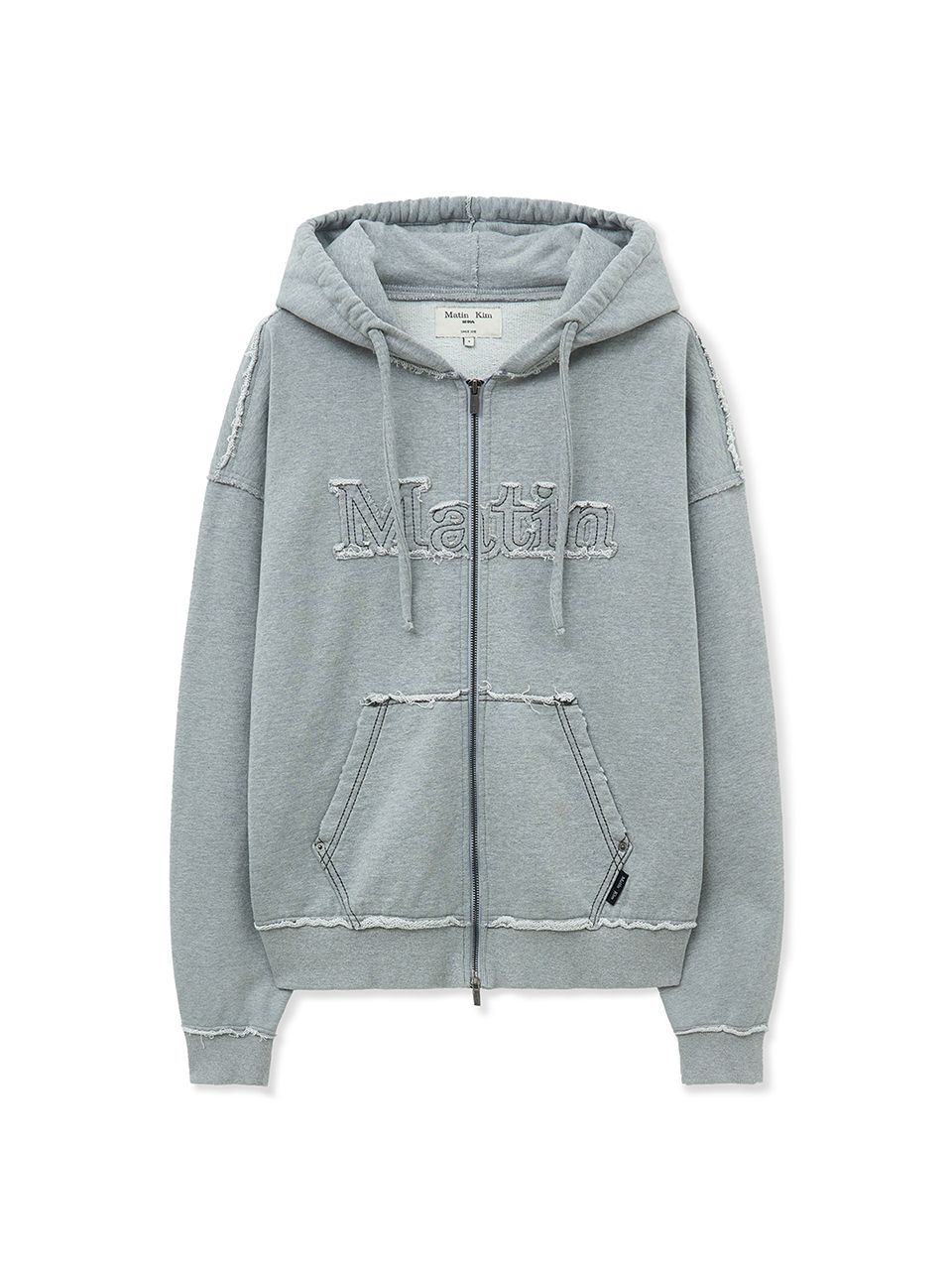 MUSINSA | MATIN KIM RAW CUT APPLIQUE HOODY ZIP UP IN GREY