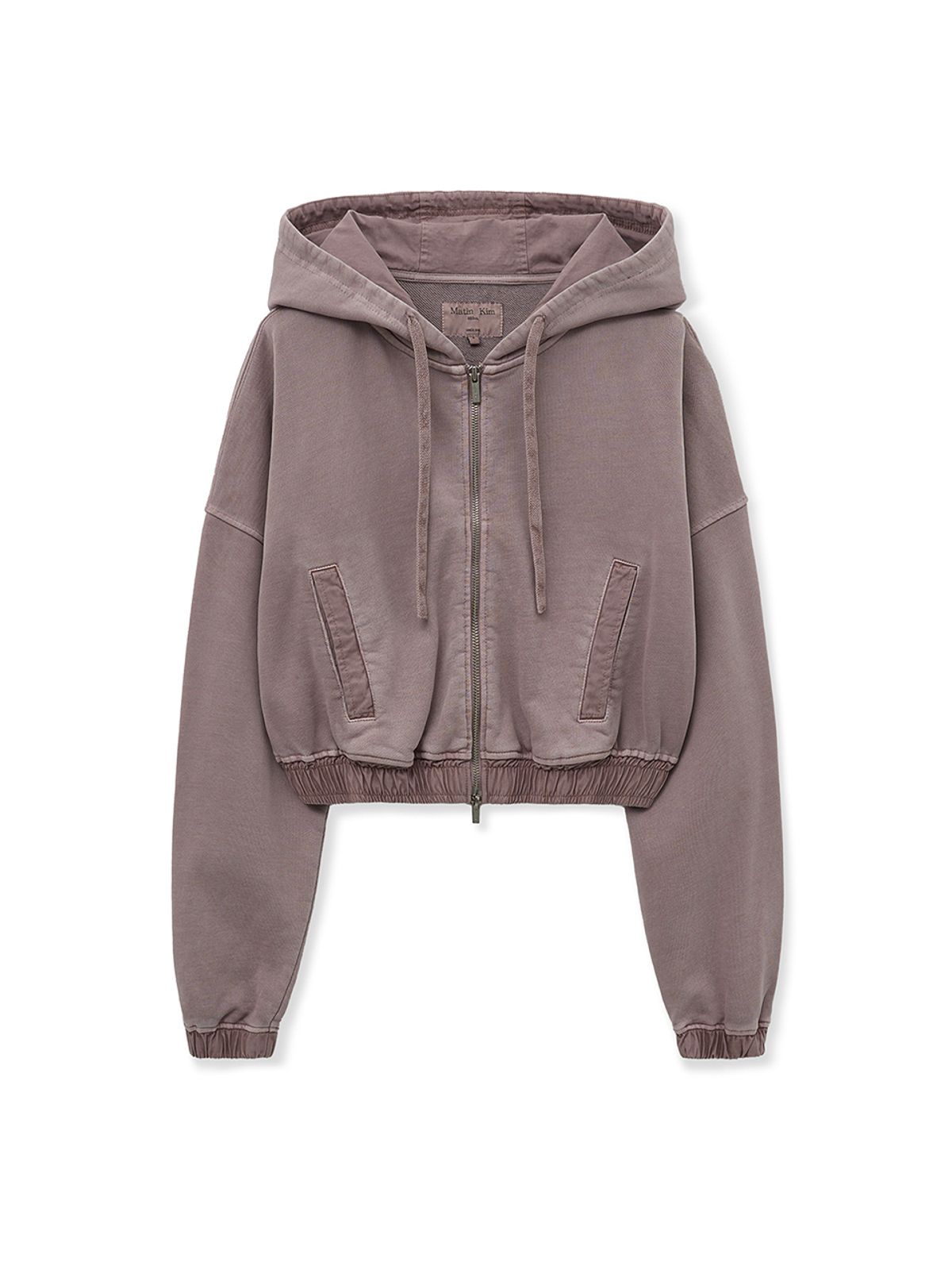 마뗑킴(MATIN KIM) BACK LOGO PIGMENT DYED CROP ZIP UP HOODY FOR WOMEN IN PINK