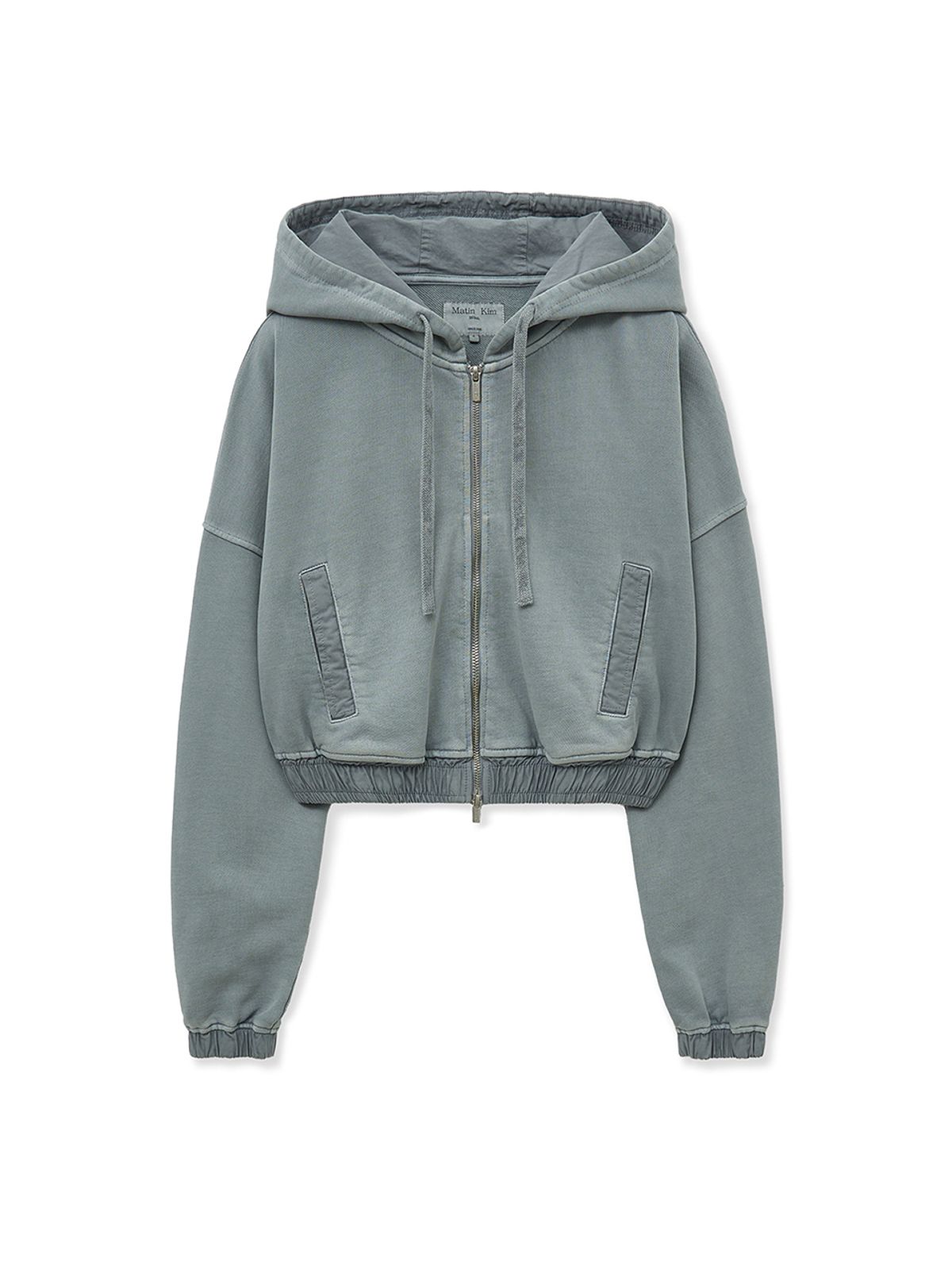 마뗑킴(MATIN KIM) BACK LOGO PIGMENT DYED CROP ZIP UP HOODY FOR WOMEN IN LIGHT GREY