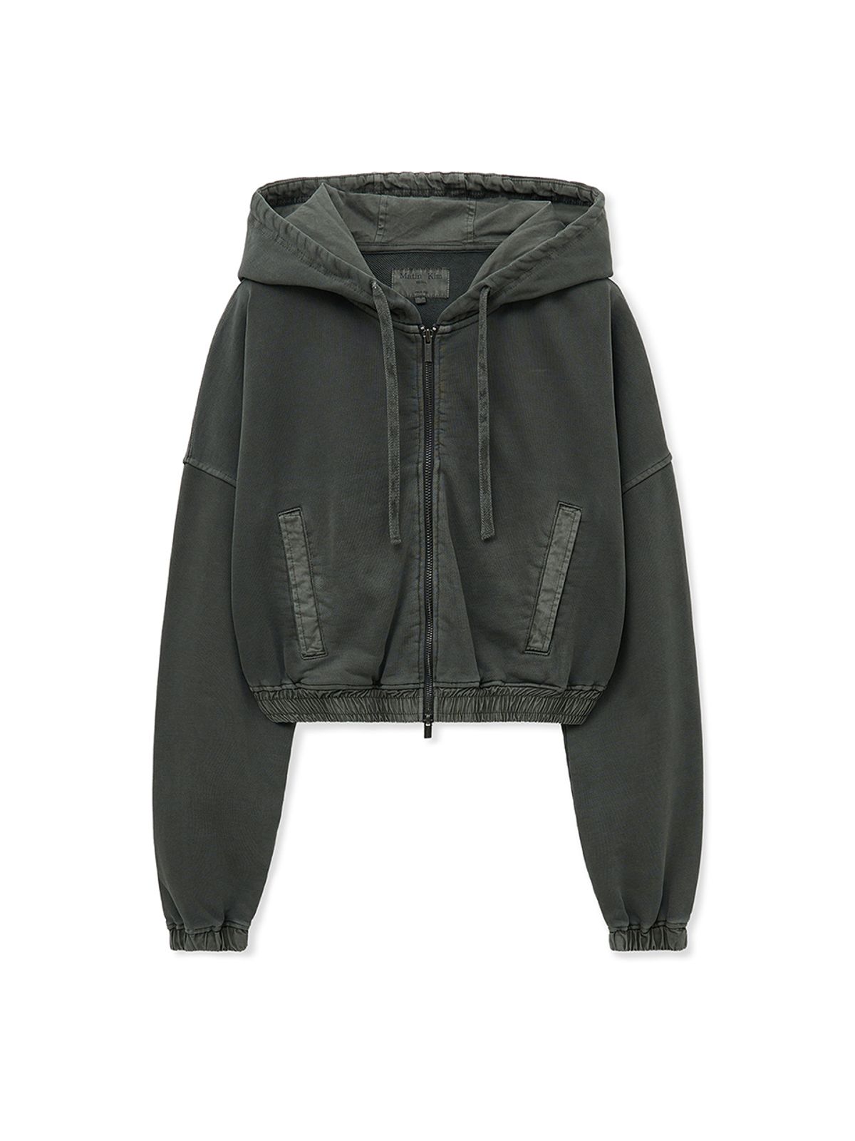 마뗑킴(MATIN KIM) BACK LOGO PIGMENT DYED CROP ZIP UP HOODY FOR WOMEN IN CHARCOAL