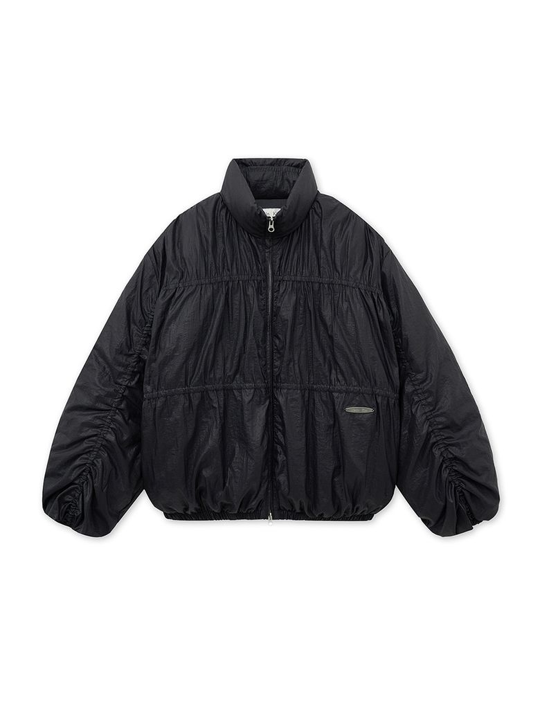 HIGH NECK SHIRRING DOWN JUMPER IN BLACK