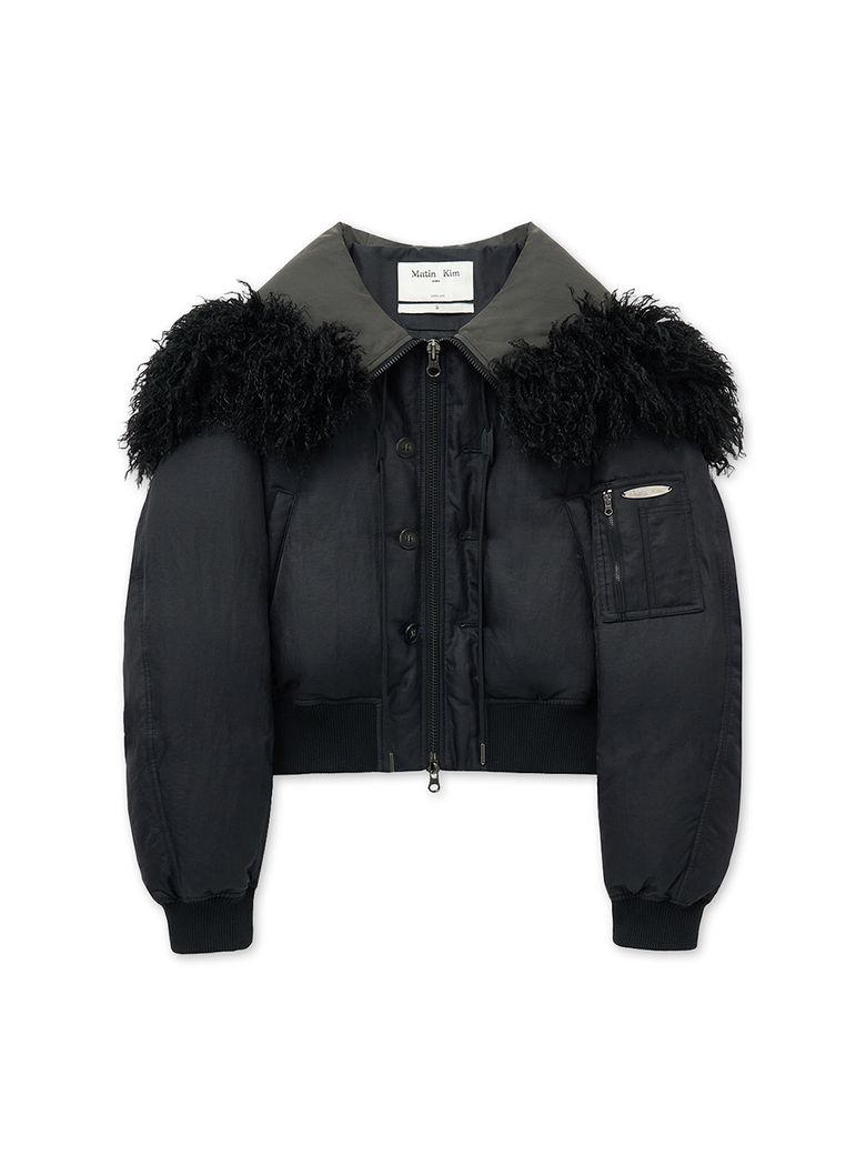 FUR HOODY BOMBER DOWN JUMPER IN BLACK