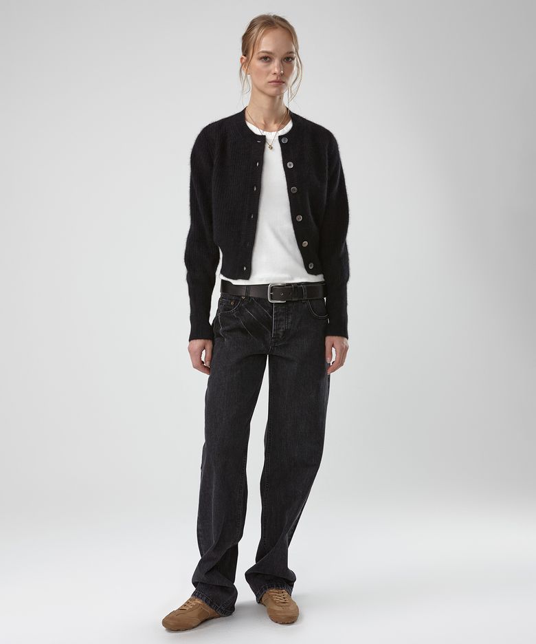 BUTTON UP FOX WOOL HAIRY KNIT CARDIGAN (BLACK))