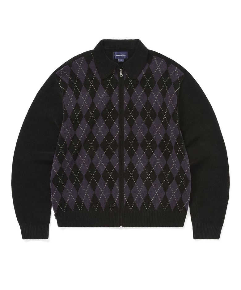 Argyle Zip Knit Cardigan Black