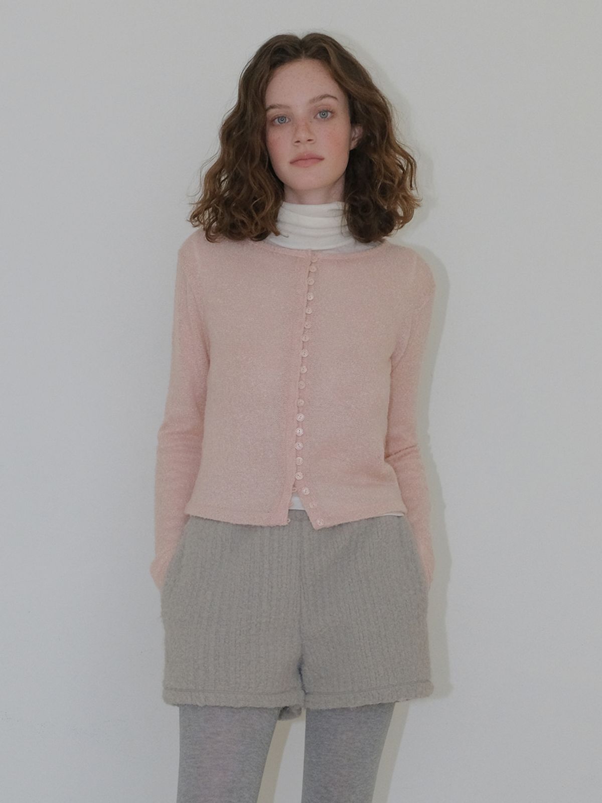 에트몽(ETMON) Boucle Round Cardigan, Light Pink
