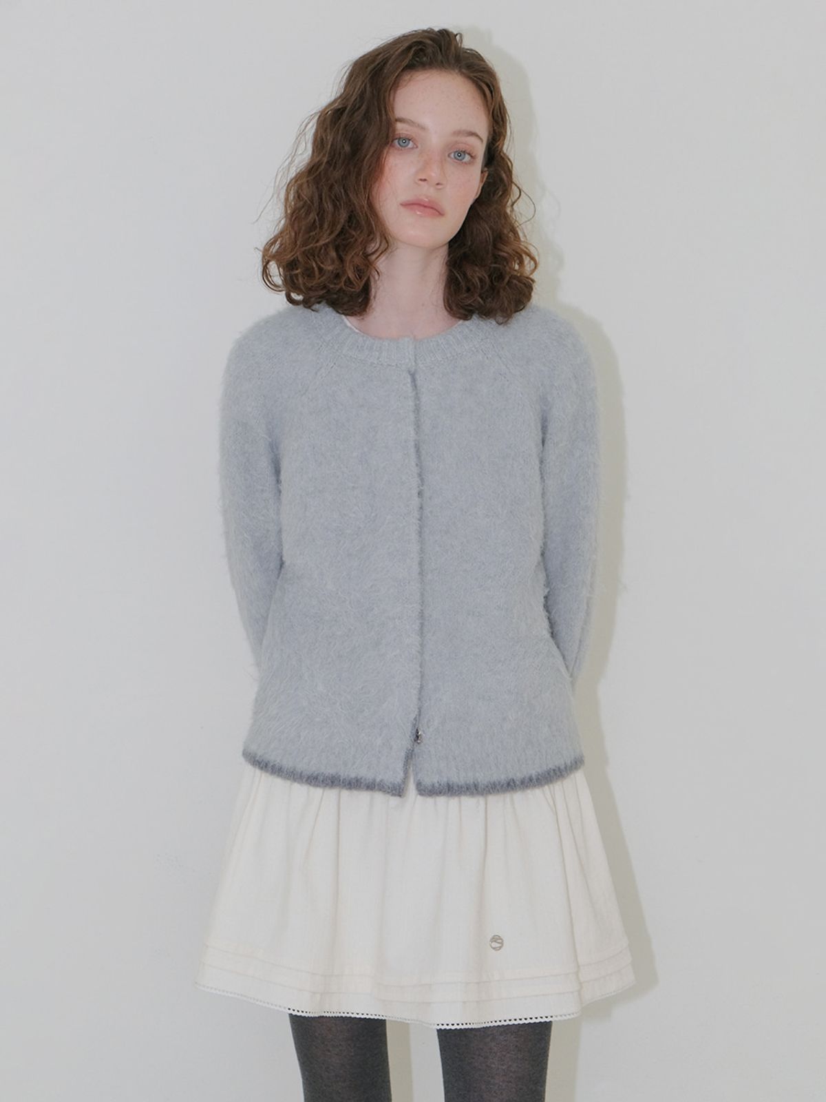 에트몽(ETMON) Hairy Yarn Knit Cardigan, Greyish Blue