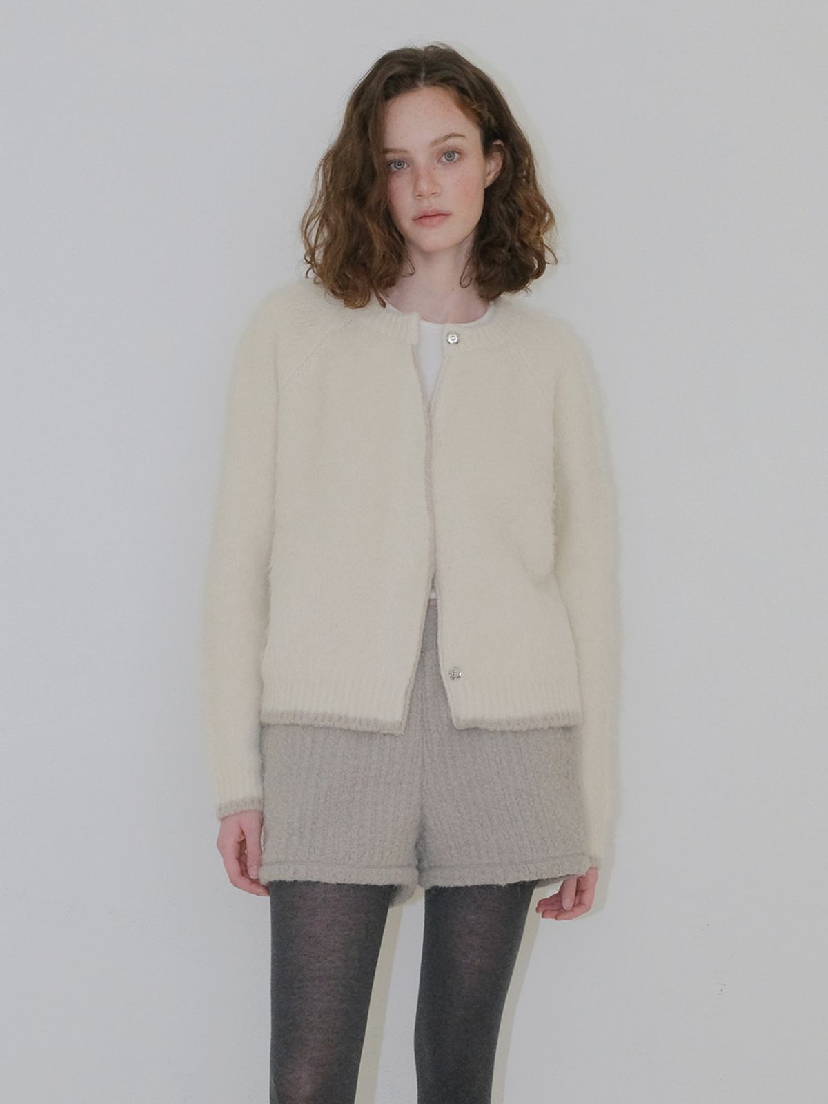 에트몽(ETMON) Hairy Yarn Knit Cardigan, Cream
