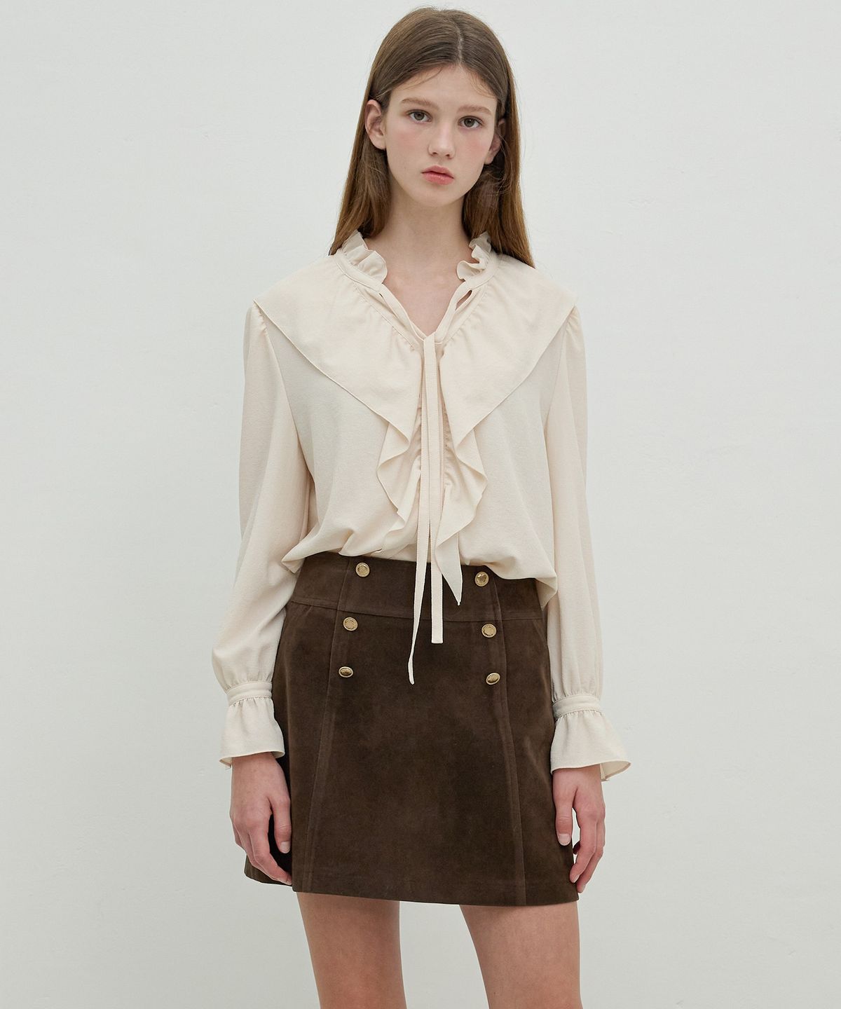 올리브 데 올리브(OLIVE DES OLIVE) 버튼 장식 스웨이드 스커트 OL5AS8010