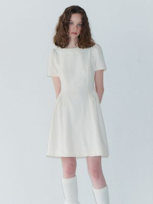 Shirring Flare Mini Dress, Ivory