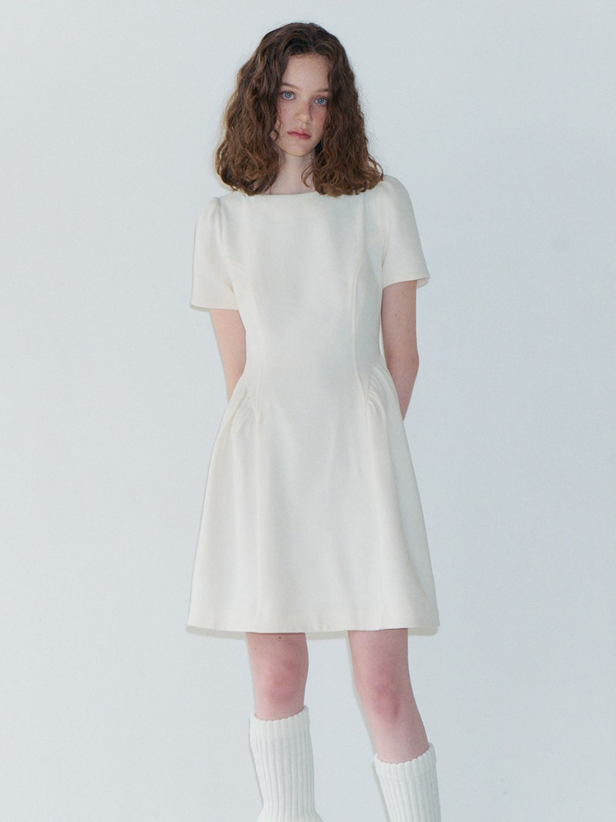 에트몽(ETMON) Shirring Flare Mini Dress, Ivory