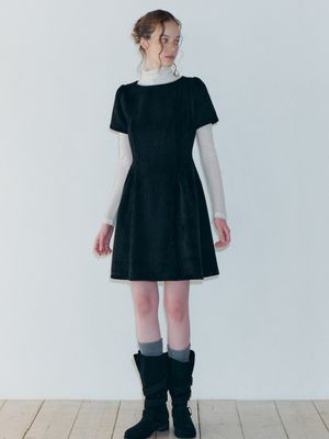 Shirring Flare Mini Dress, Black