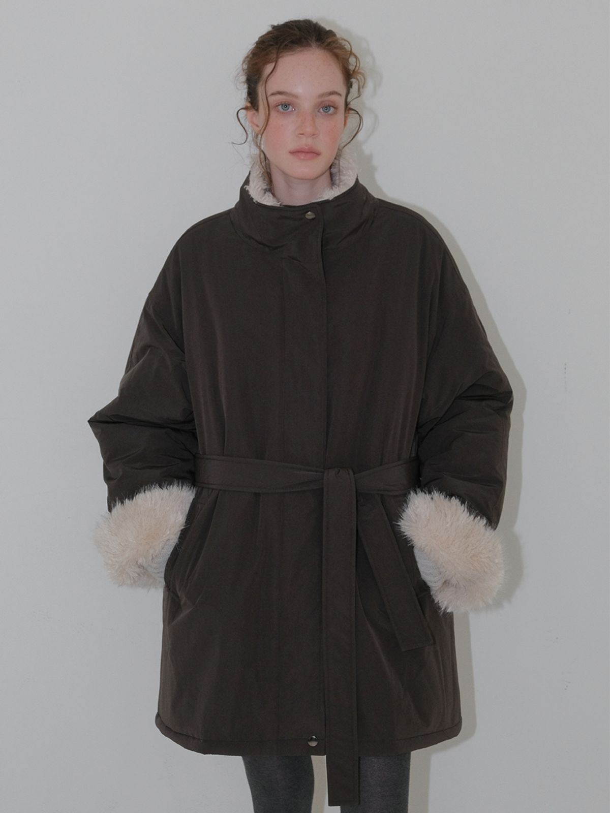 에트몽(ETMON) Belt Fur Padded Coat, Charcoal