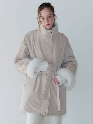 Belt Fur Padded Coat, Light Beige