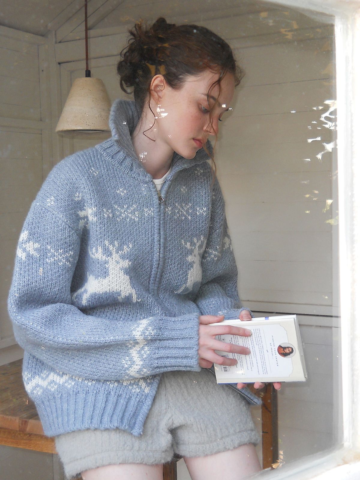 에트몽(ETMON) Deer Zip-Up Cardigan, Greyish Blue