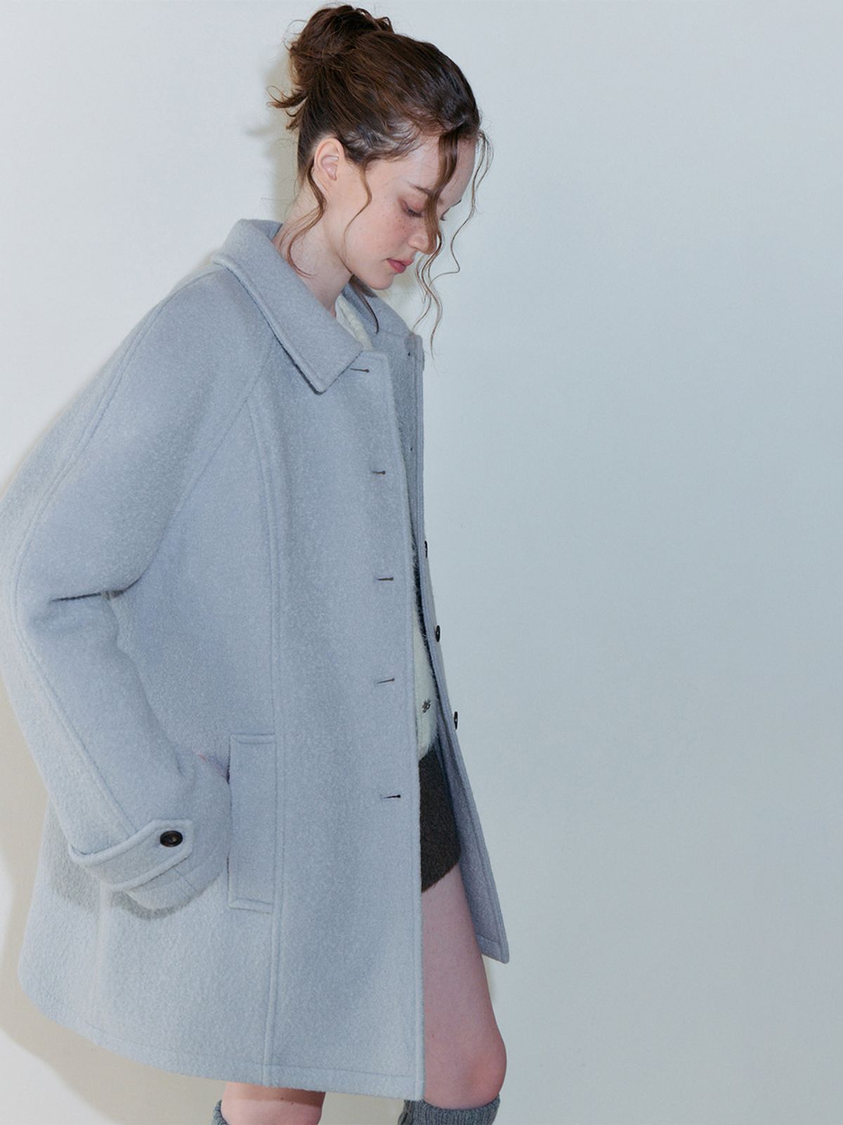 에트몽(ETMON) Boucle Stitch Half Coat, Light Blue