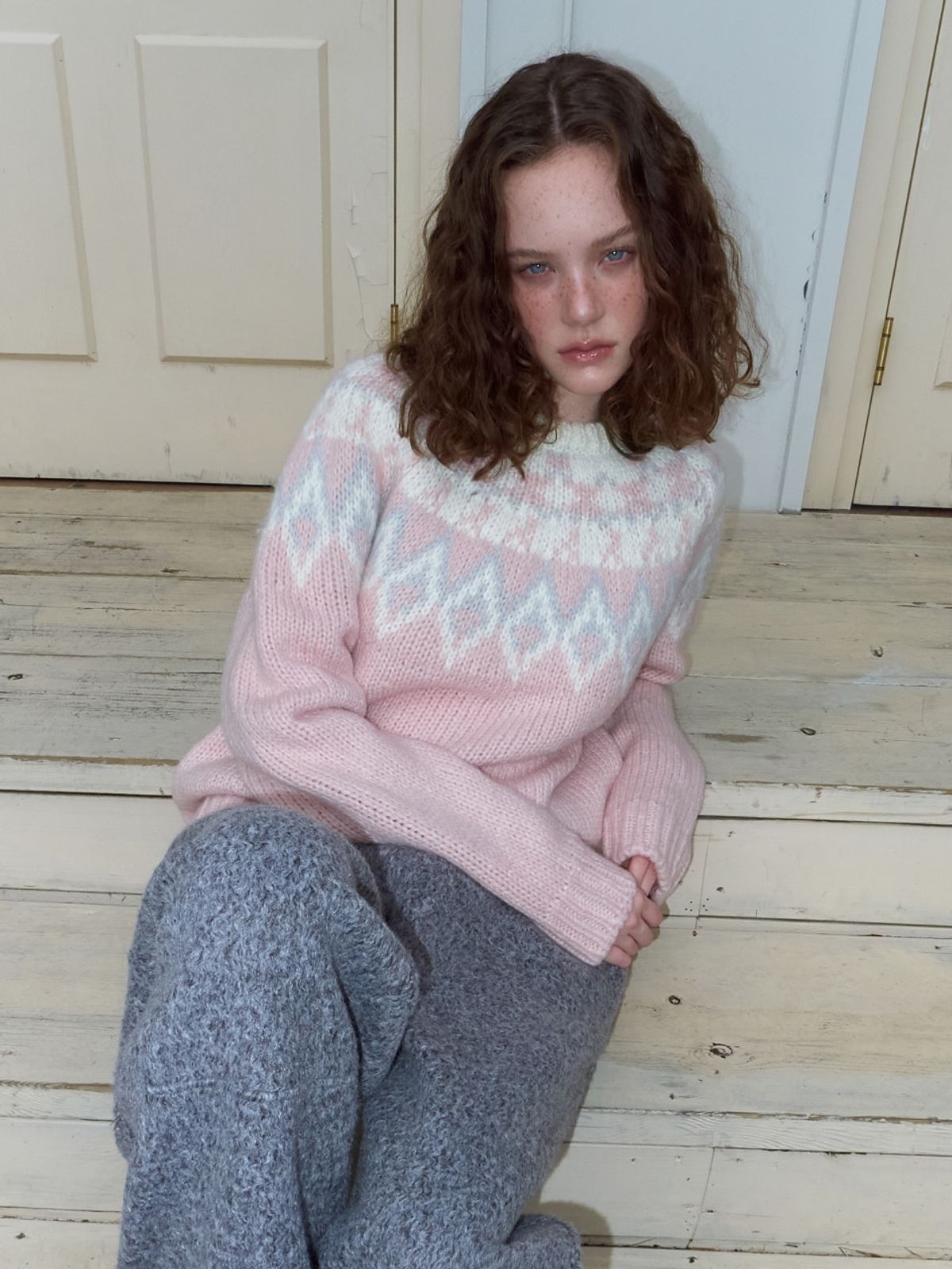 에트몽(ETMON) Nordic Round Knit Pullover, Pink
