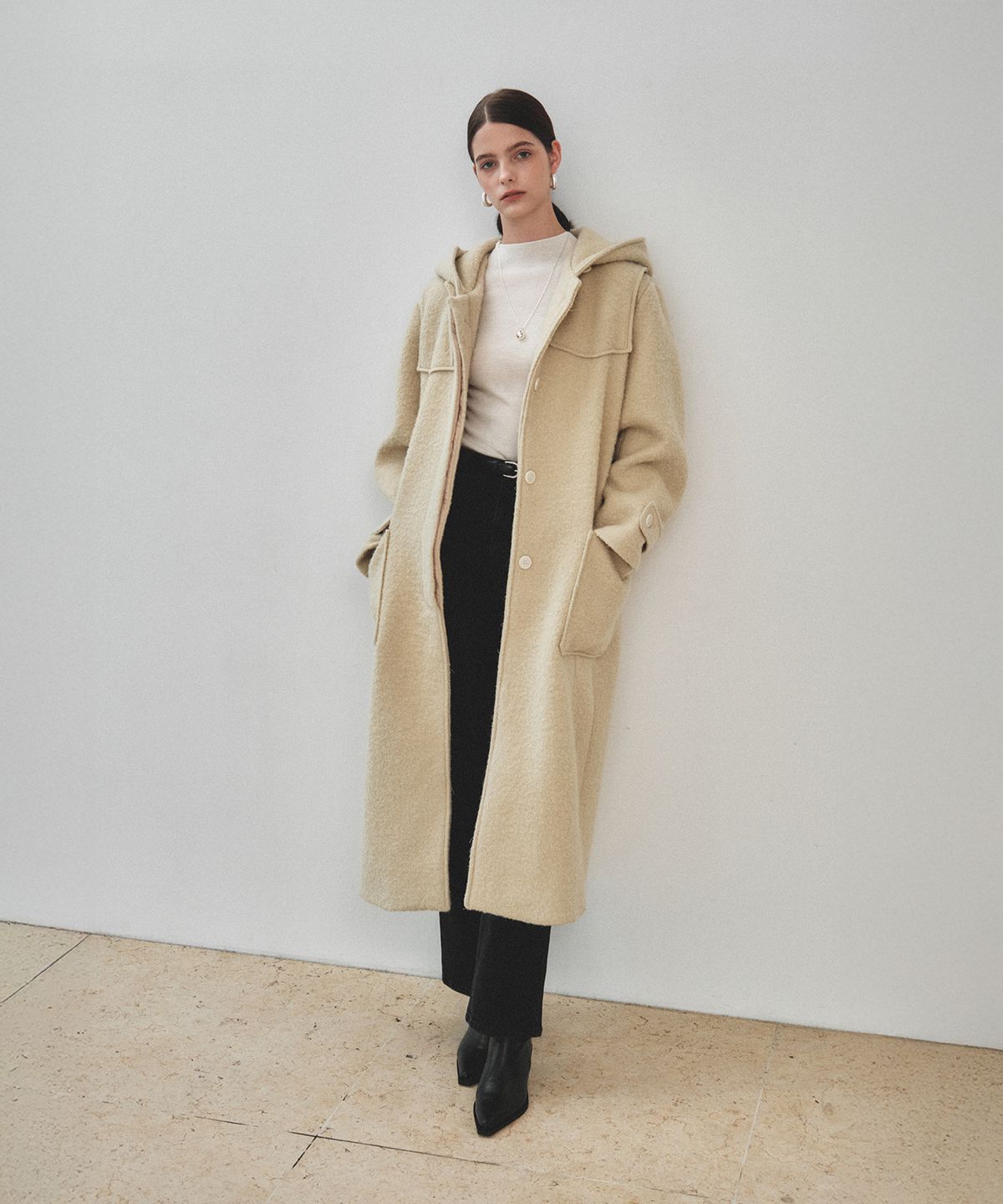 뮤제(MUSEE) OCRE Alpaca Boucle Wool Hooded Long Coat_Butter