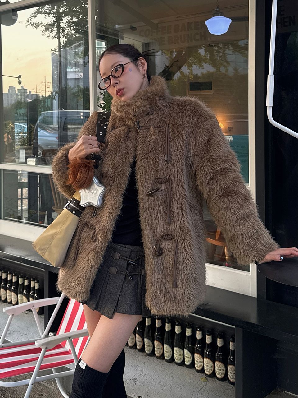 MUSINSA | ETMON Duffle Fur Half Coat, Khaki Brown