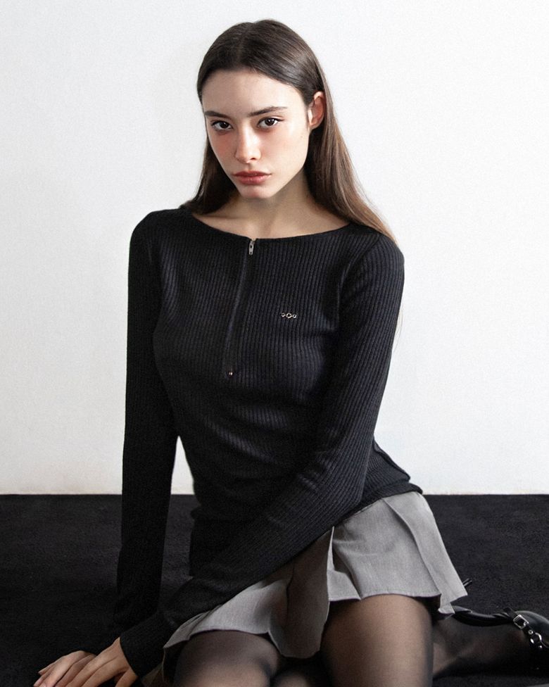 리브드 하프 집업 보트넥 롱슬리브 블랙