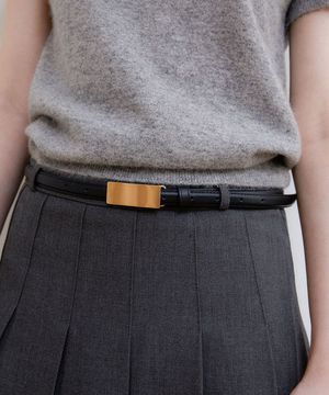 minimal gold buckle cowhide leather belt (T033_black)