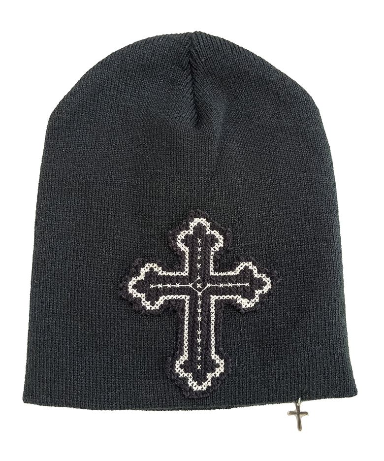 Cross Charm Patchwork Beanie ((black))