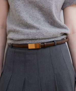 minimal gold buckle cowhide leather belt (T033_brown)
