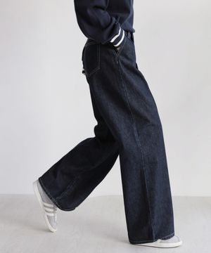 기모 다크블루 핀턱 벌룬 와이드 데님 팬츠