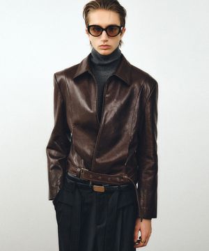 램스 레더 벨티드 크롭 자켓 (버건디)