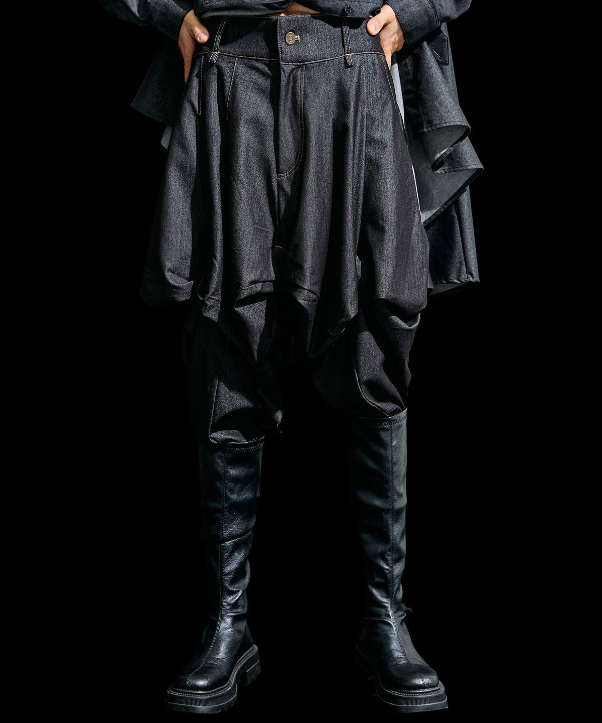 레큘리(RECULER) skirt silhouette baggy pants Like Denim Black