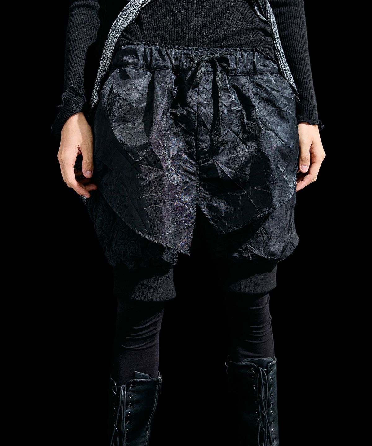 레큘리(RECULER) Unbalanced leggings baggy pants Black