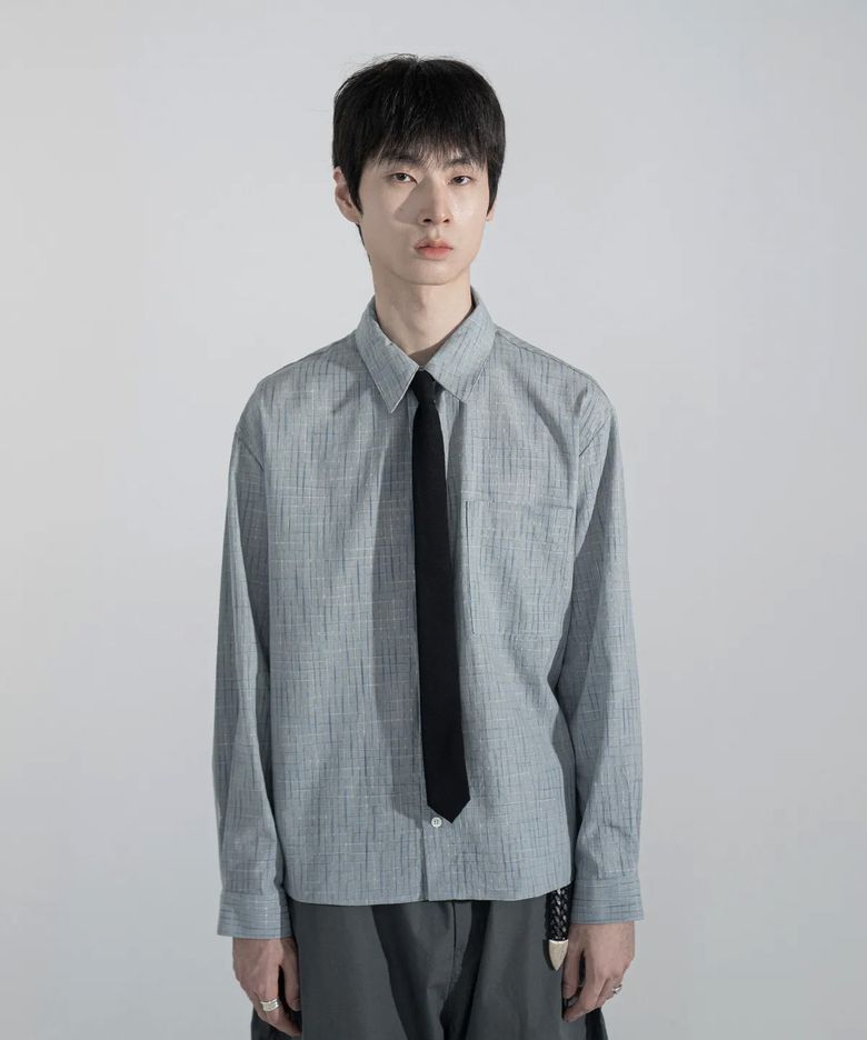 라인 크롭 체크 셔츠 (그레이/블루)