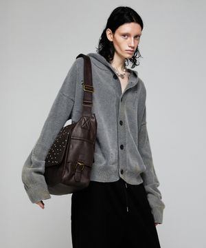 전통염색 감, 먹 데미지 후드 니트 가디건_그레이