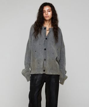 전통염색 감, 먹 데미지 라운드 니트 가디건_그레이