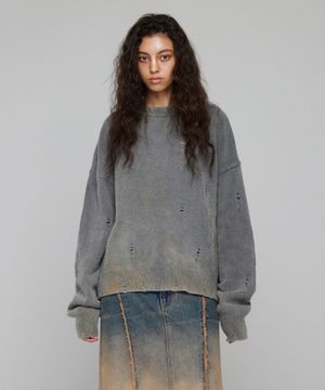 전통염색 감, 먹 데미지 라운드 니트_그레이