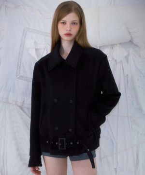 Belt Half-neck Wool Jacket [Black]