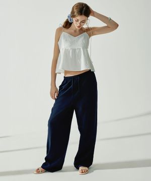 슬로쉬 린넨 밴딩 와이드 팬츠 - Navy