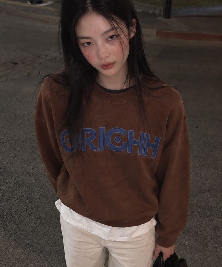 자수 로고 오버핏 맨투맨_브라운