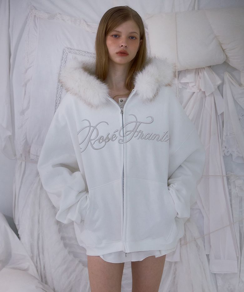 Fur Overfit Lettering Hood Zip-up [Ivory]
