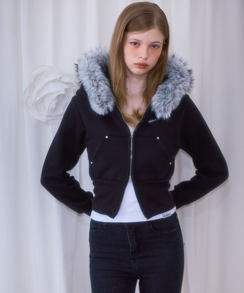 Fur Slim Rivet Hood Zip-up [Black]