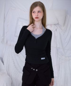 V-neck Button Long Sleeve [Black]