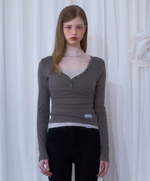 V-neck Button Long Sleeve [Brown]