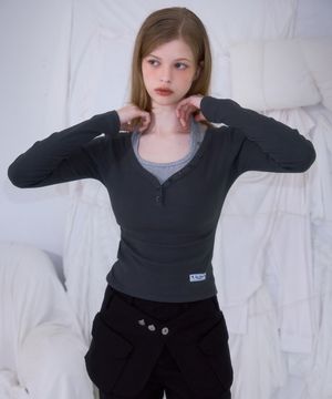 V-neck Button Long Sleeve [Charcoal]