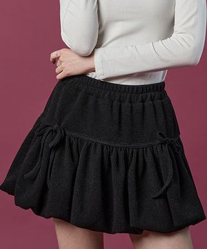 방한 니트 벌룬 리본 플레어 밴딩 미니스커트 [BLACK] 치마바지 ver.