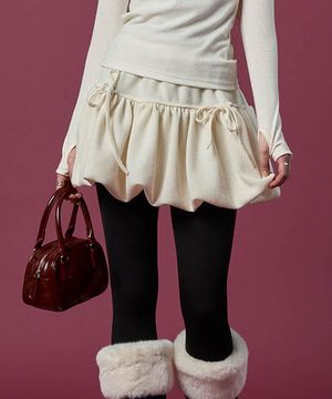 방한 니트 벌룬 리본 플레어 밴딩 미니스커트 [IVORY] 치마바지 ver.