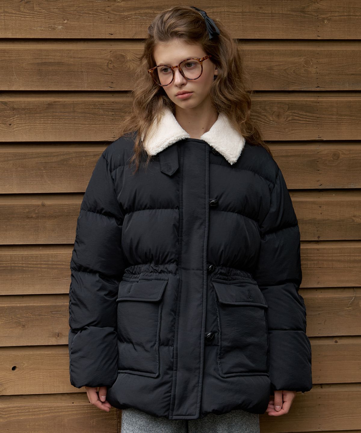 어몽(AMONG) A FUR COLLAR DUCK DOWN HALF PADDING_BLACK