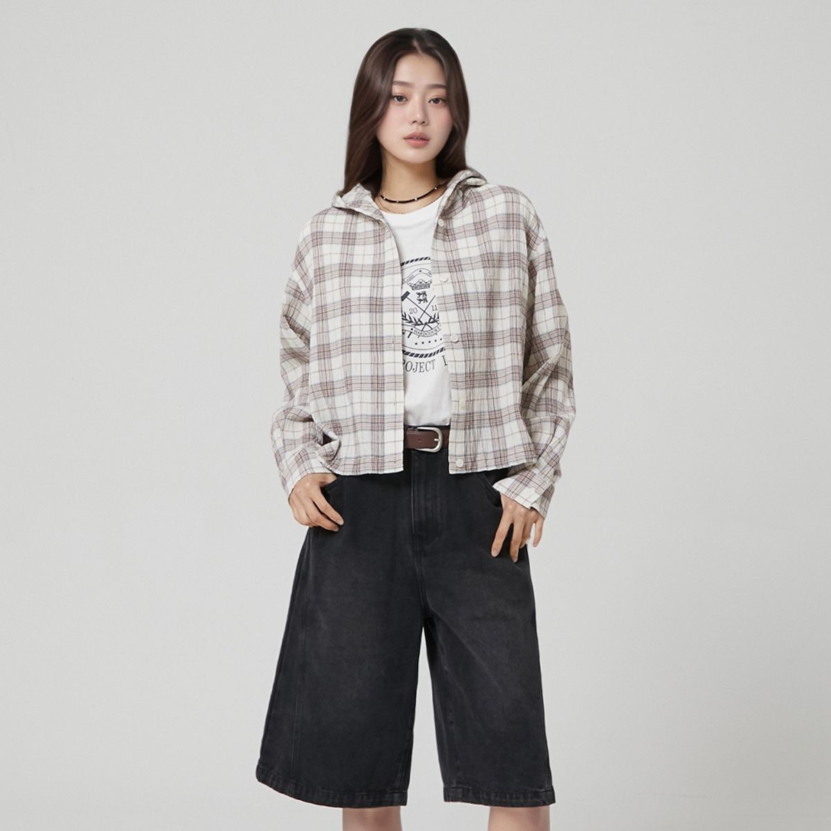 랩(LAP) 체크 후드 점퍼형 블라우스 AR3WB866