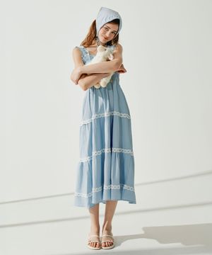 레이스 포인트 티어드 롱원피스 - Sky blue