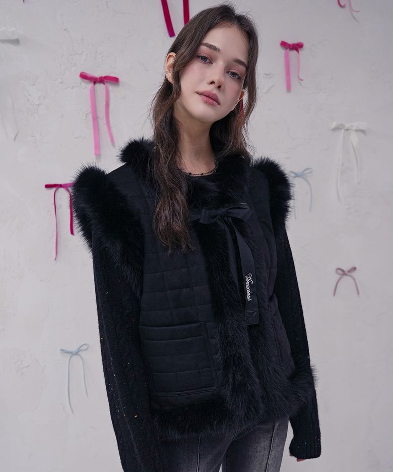Fur Trim Quilted Vest BLACK