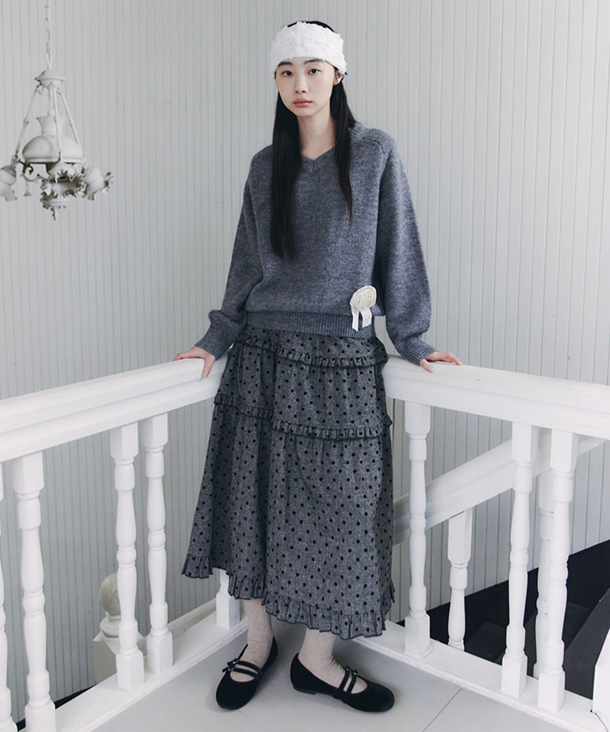 셀리테일즈(CELITAILS) DOT FRILL LONG SKIRT_CHARCOAL